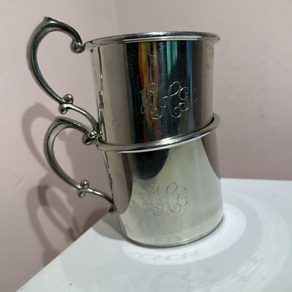 Pewter Small Cups Handles Monogrammed Set of Two - Picture 2 of 8